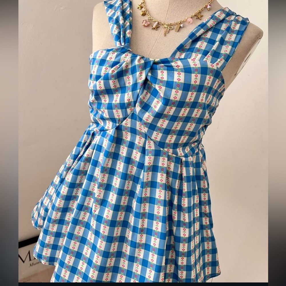 Blue & White Gingham Tie-Front Top - Picture 1 of 4